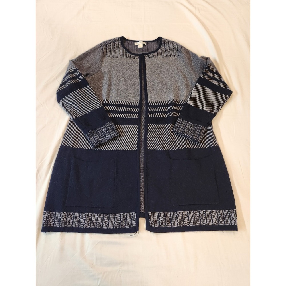 C&B Women Navy Geometric Print Long Open Cardigan Size XL Workwear Career Cozy - Picture 3 of 8